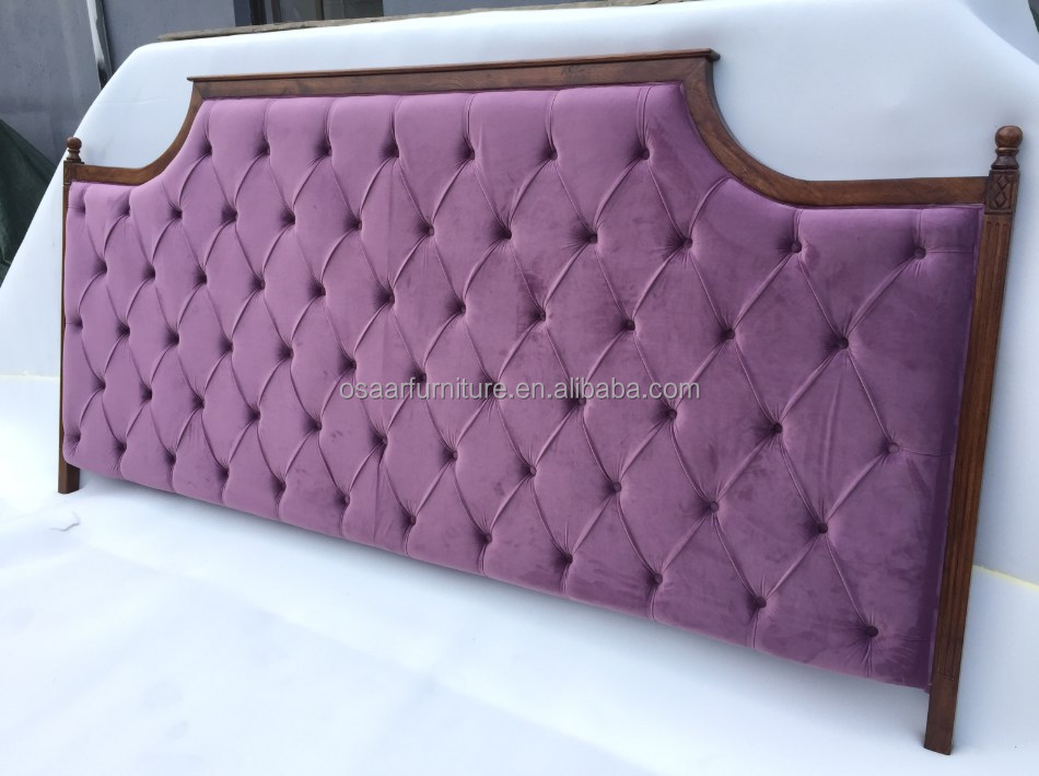 Purple Velvet Tufted Antique King Size Wood Carved Hotel Bed Headboard