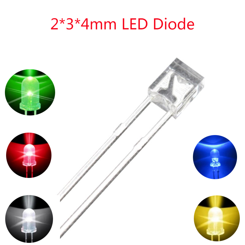 2*3*4mm LED Diode Transparent White Red Yellow Blue Green Short/Long Pin