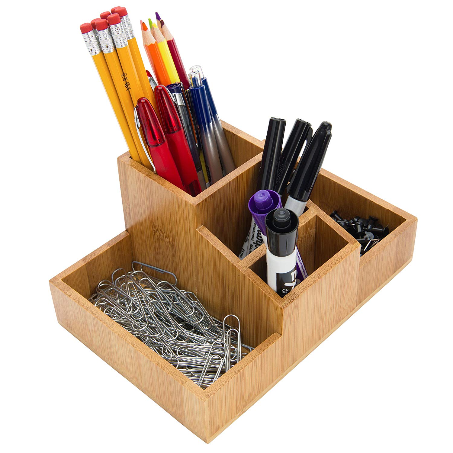 Bamboo Desk Organizer, Pencil Holder, 4 Compartments, Handle