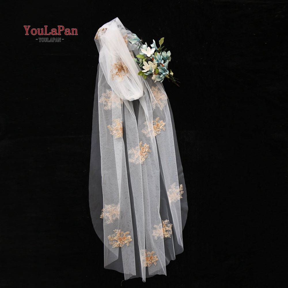 YouLaPan V50 Special Gold Design Wedding Vintage Embroidered Champagne Beaded Long Veil With Hair Comb