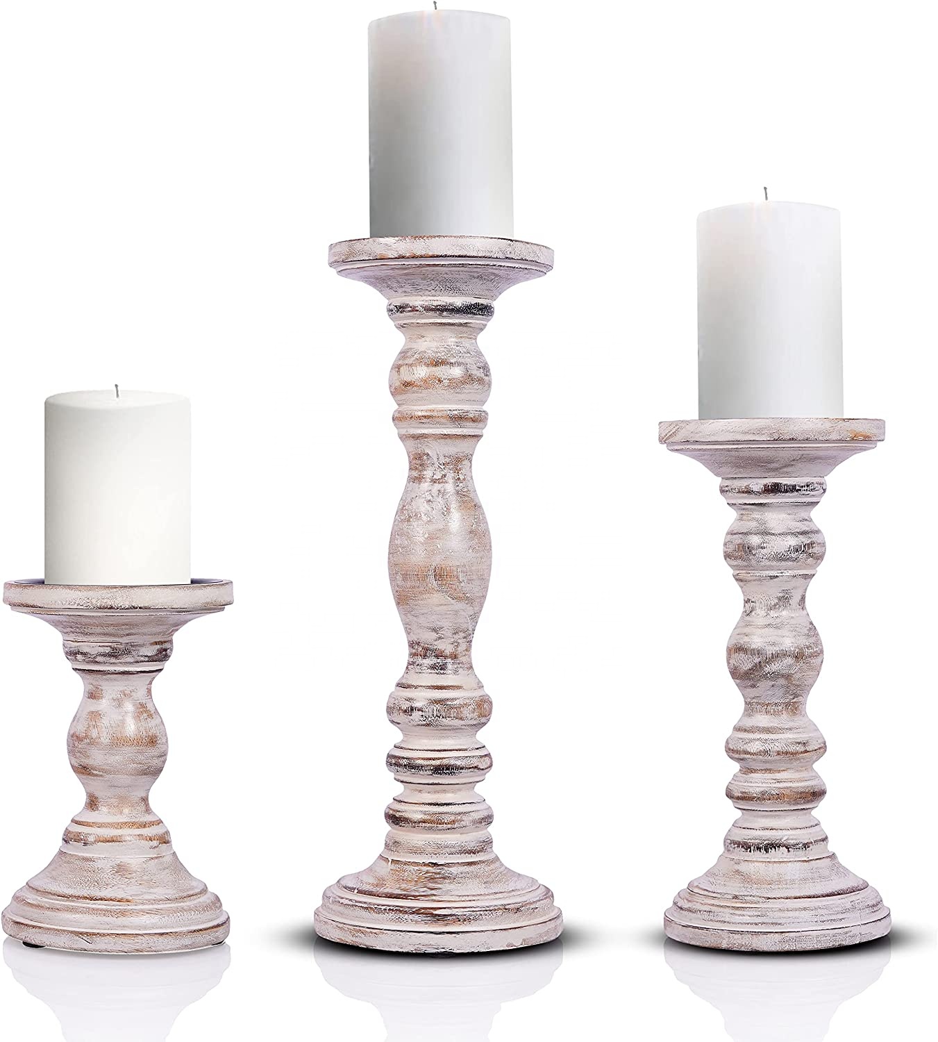 Rustic White Pillar Candle Holders- Hand Carved Mango Wood Candle Holders for Pillar Candles in Home, Living Room, Kitchen