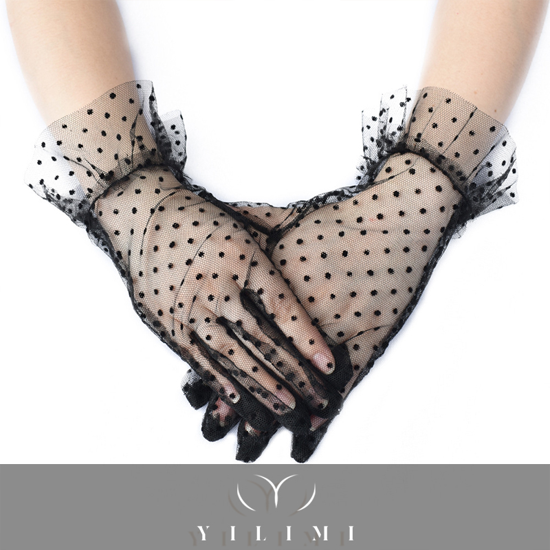 Autumn Summer Sexy Black Lace Gloves Women Short Tulle Gloves Stretchy Lace Spots Full Finger gloves
