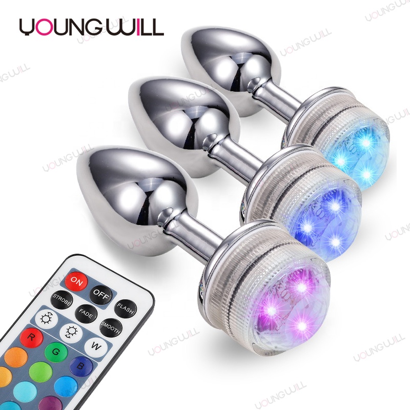 Remote Control Light Up Led Color Chage Metal Product Set Adult Enlarge Sex Toys Flashing Anal Butt Plug For Women Man Gay