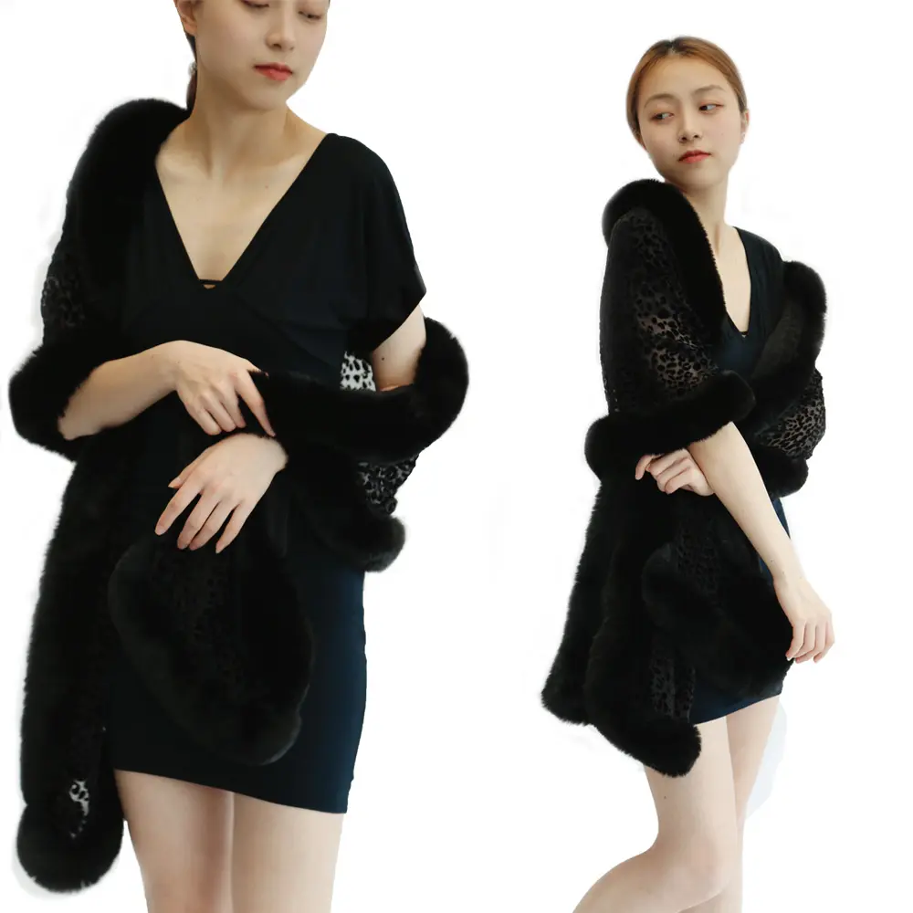 Модная Роскошная теплая меховая отделка Шелковый бархатный черный леопардовый узор женский шарф меховая накидка шаль