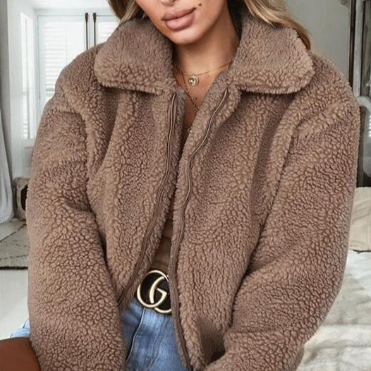 New Collection Women Winter Plain Pocket Zipper Sherpa Fleece Heated Teddy Jacket