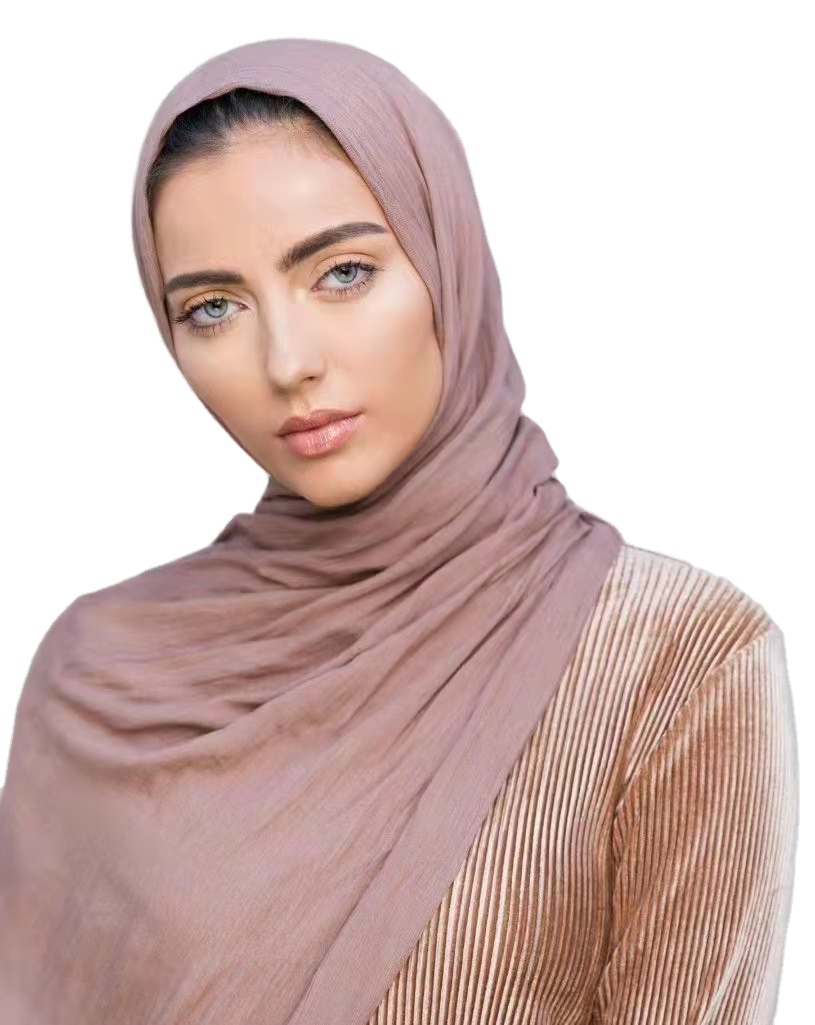 2021 ribbed design customized hijabs long scarf small crinkle solid color soft feeling rayon pleated hijab
