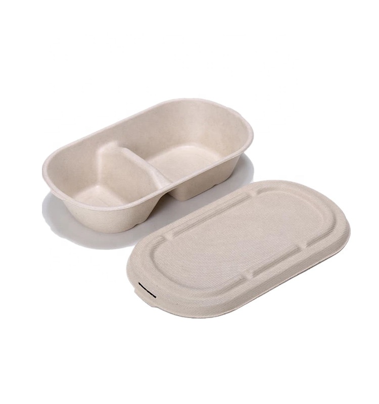 2 compartment biodegradable wheat straw pulp food box with lid