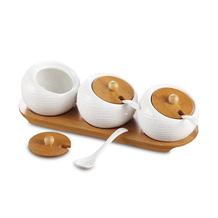 Wholesale Porcelain Condiment Jar Spice Container Sugar Pots with Bamboo Lids