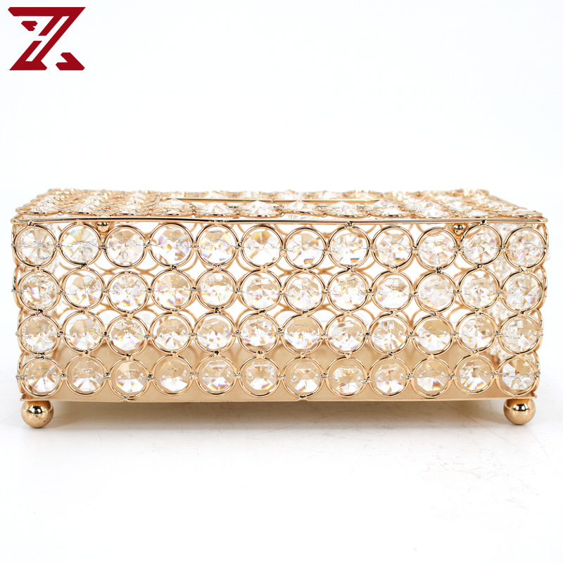 tissue box factory direct sale creative golden metal with crystal tissue box for home decoration
