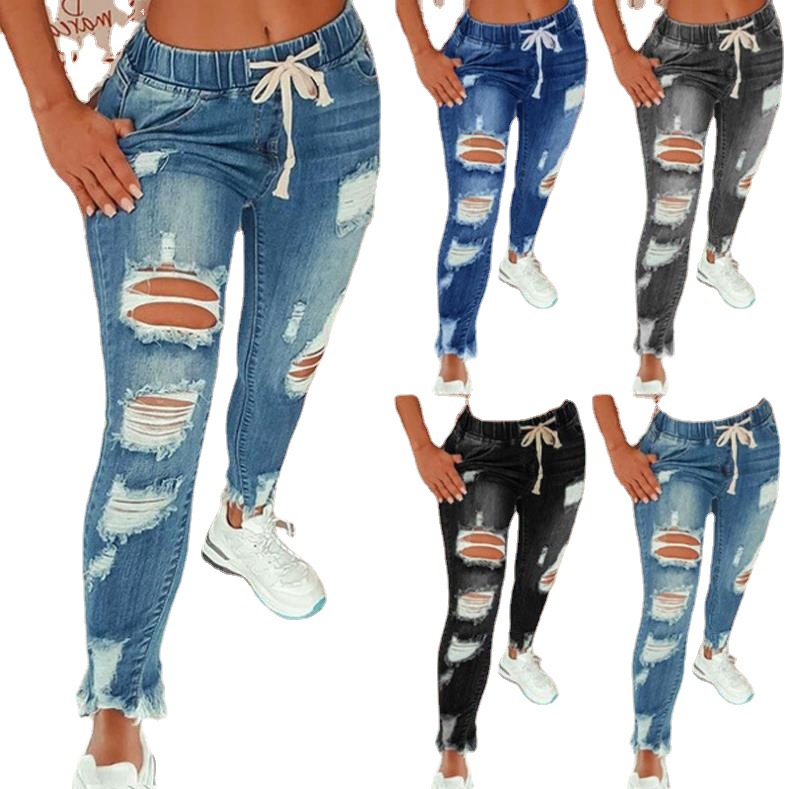 Custom Women Denim Skinny Leggings Hole Ripped Pants High Waist Stretch Ripped Distressed Multiple Colour Jeans European Jeans