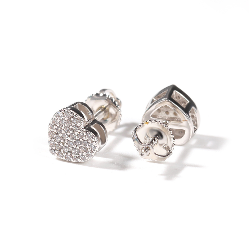 2021 New Hip Hop Jewelry Heart Stud Earrings Iced Out Cz Cubic Zirconia Earrings 925 Sterling Silver Heart Stud Earrings