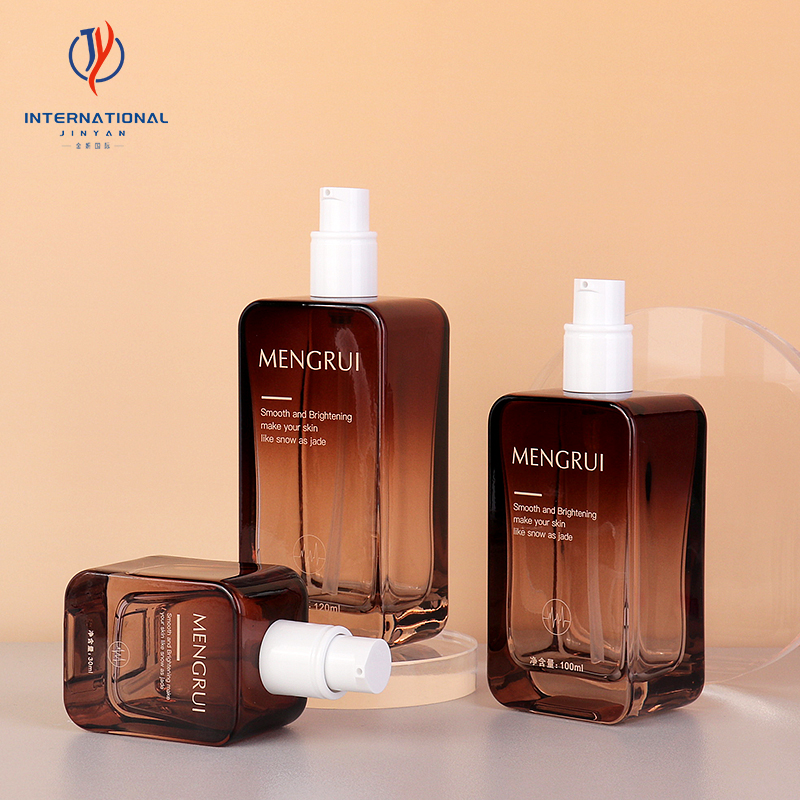 Square Shape 30ml to 120ml Amber Glass Jars Lotion Pump Cap Empty Cosmetic Packaging for Cream and Lotion