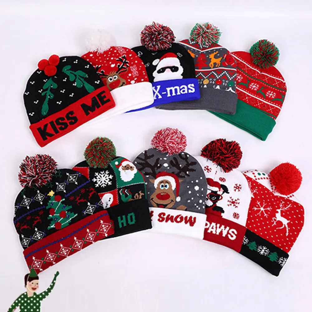 TOP New Winter Festival Xmas Party, Pompom Led Hats Kids Led Light-up hats Women Led Christmas Knitted Beanies Hat /