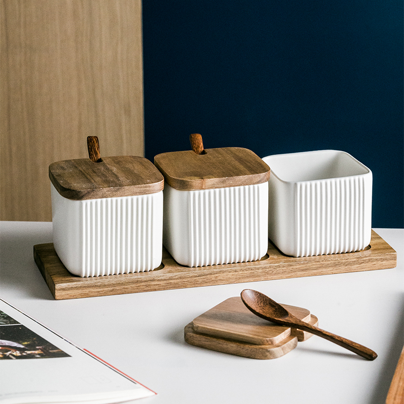 Nordic Style Kitchen Canister Set White Ceramic Spice Jar For Kitchen Ceramic Spice Jars With Bamboo Lids Ceram Jar