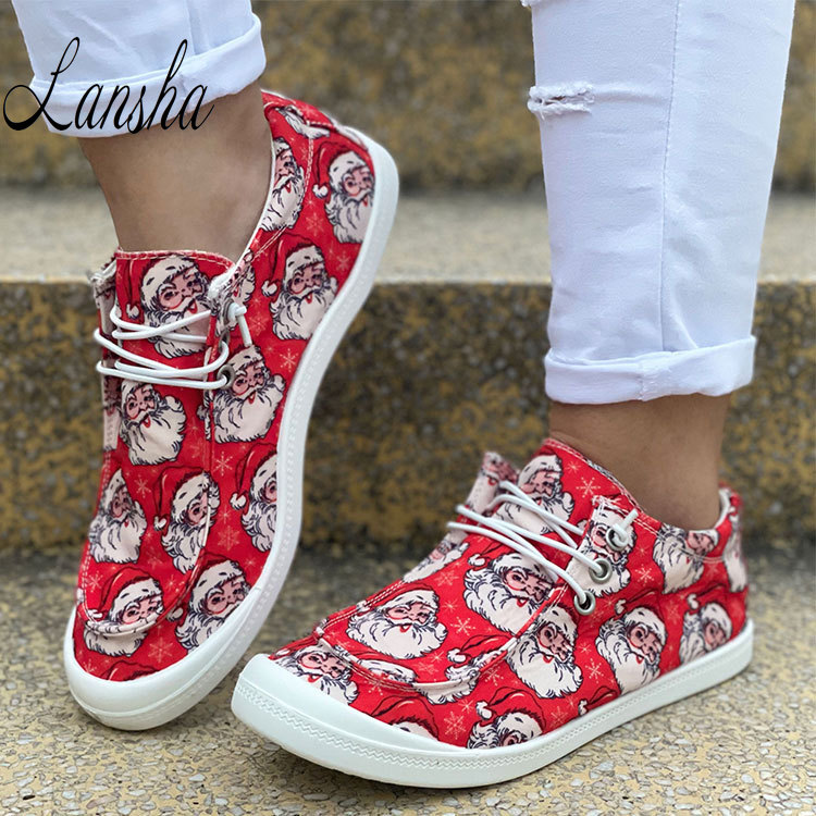 Super Comfortable Soft Sole Canvas Sneakers Ladies Merry Christmas Red Santa Print Lace Up Flat Boat Shoes for Women