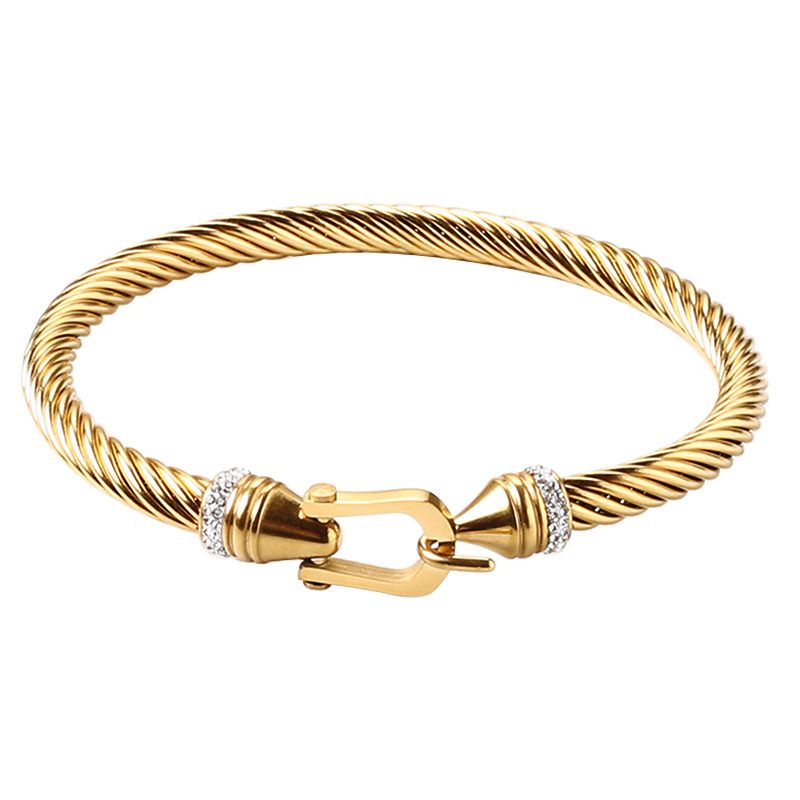 fashion Couple Jewelry 18k Gold Cable Twisted Rope Wire Hook Shaped Bracelet Multi Drill Titanium Steel Bracelet