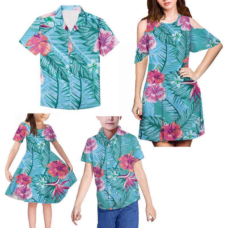 Blue Floral Print 4pcs Family Matching Outfits Clothes Mother Dress Matching Boy Shirt Daughter Clothes 5xl Men Hawaiian Shirt