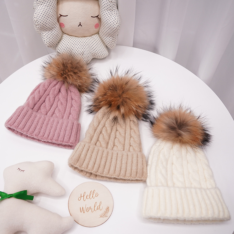 2pcs/lot Women Pompom Kniting Wool Hat Children Kids Fashion Winter Warm Hat Kids Good Quality Mom And Me Real Fur Pom Pom Hat