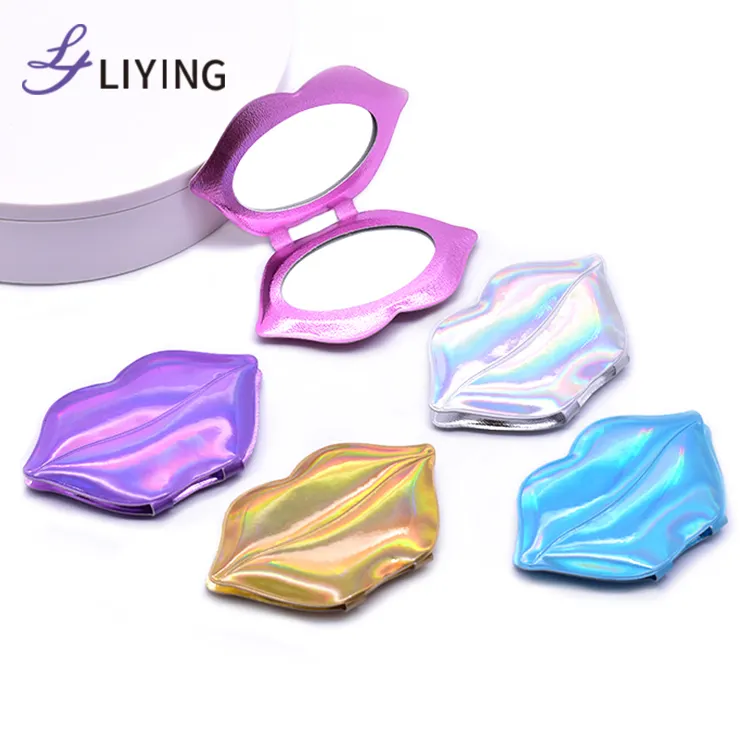 Lyder Lip Shape Dual Sided Foldable PU Leather Bling Purse Cute Portable Custom Logo Small Lash Pocket Compact Makeup Mirror