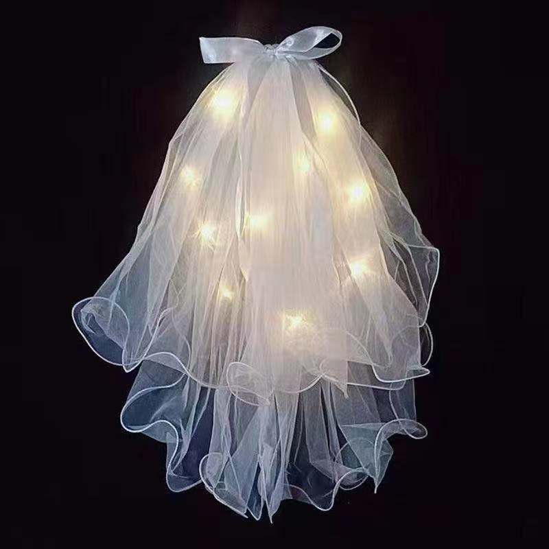Hot selling Ribbon Bowknot Bridal Veil Wedding Photo Photography Hard Yarn Certificate Small short Veil with led