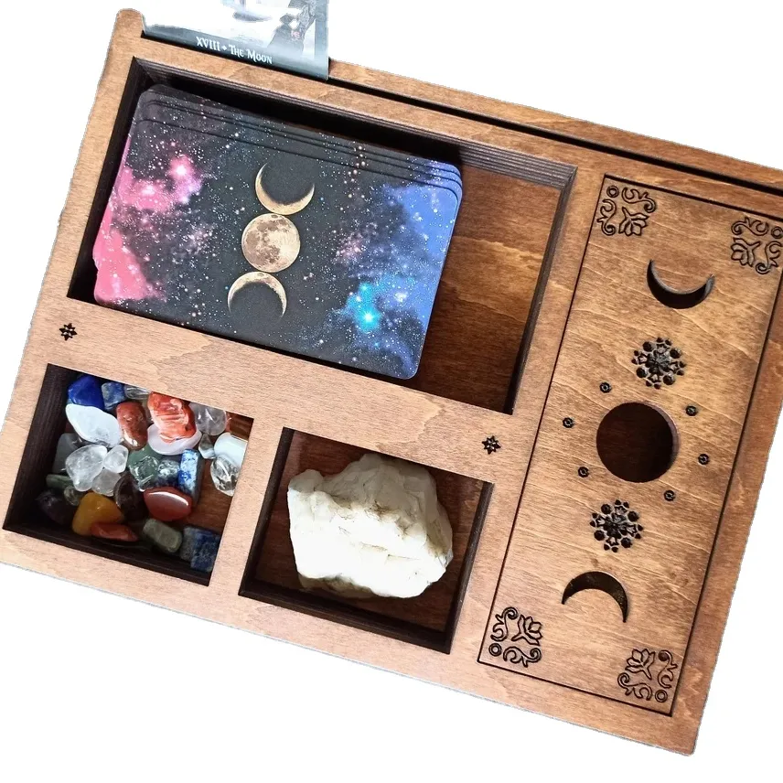 JUNJI Tarot storage and crystal display box with tarot card holder moon phase decor altar tray gift box tray
