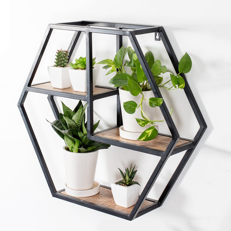 Home decoration hexagon metal frame wooden wall shelf