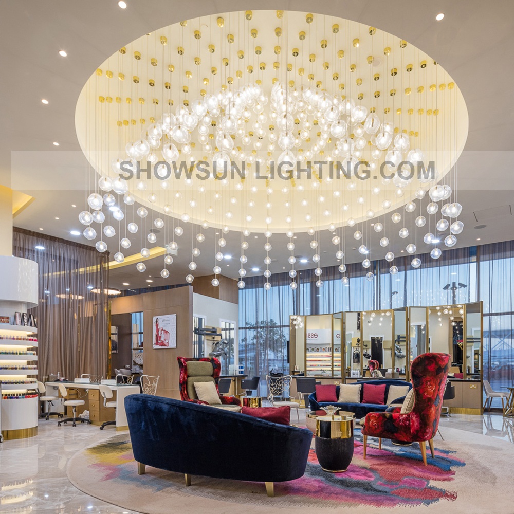 Custom made glass staircase long large chandelier modern high ceiling ball bubble chandelier light