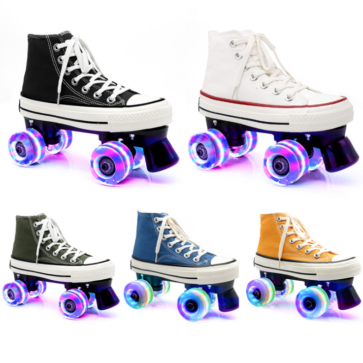 Amazon adult quad skates double row roller skates unisex canvas shoes flashing roller for lovers two line wheels patines