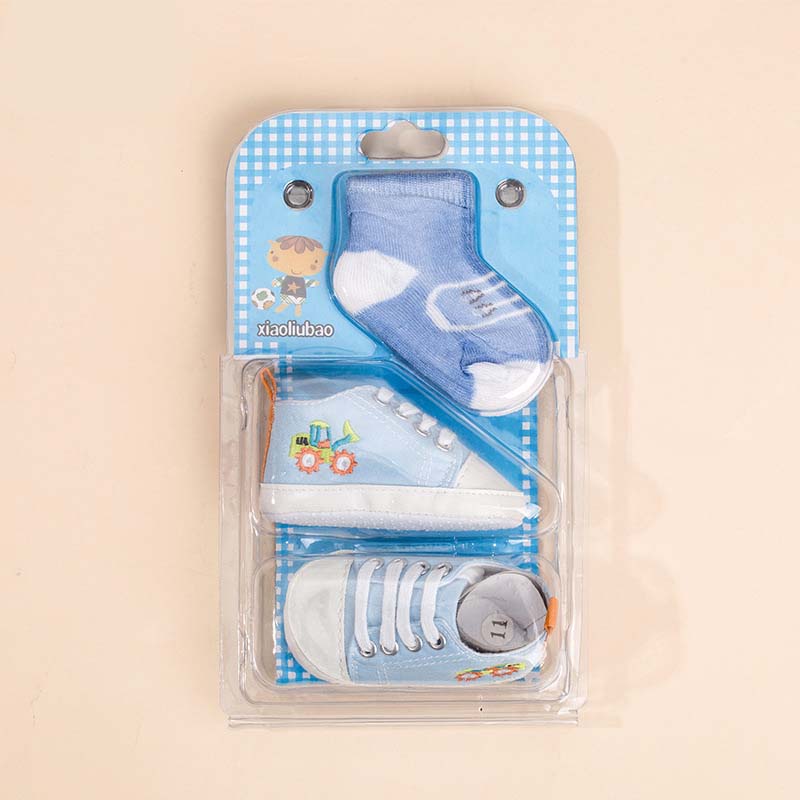 Embroidery Newborn Baby Boy Gift Shoes 2Pc Infant Shoe With Sock Gift Set Prewalker New Born Baby Shoes Set