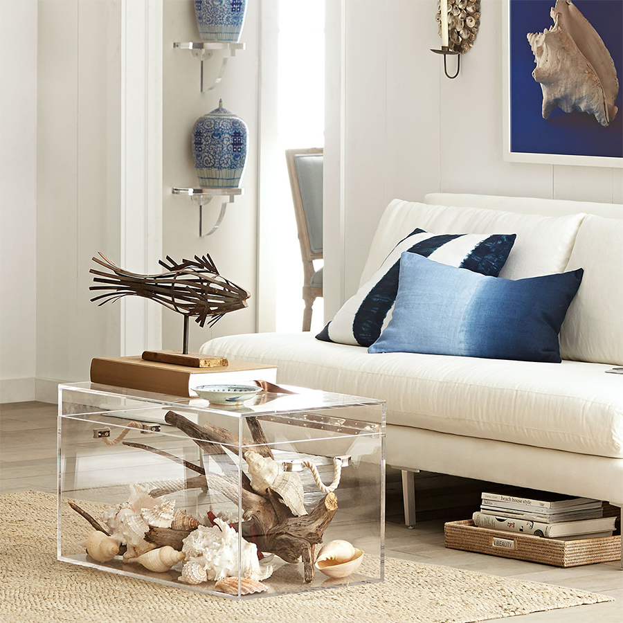 bespoke clear acrylic storage trunk before sofa