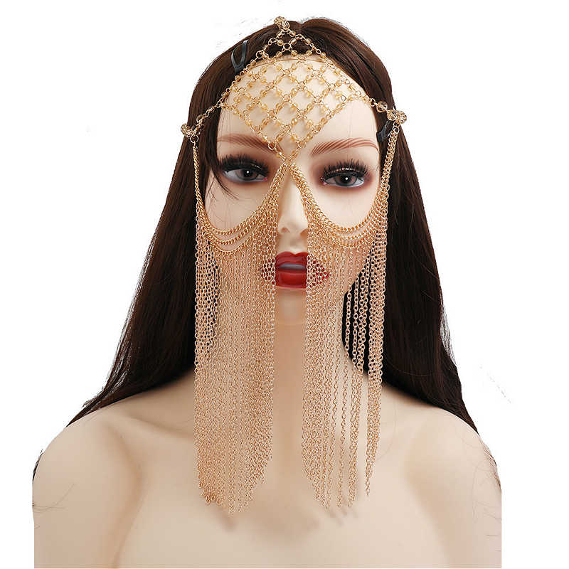 Crystal Beaded Facemask Chain Face Jewelry For Women Dance Performance Accessories Gold Color Tassel Headband Chain