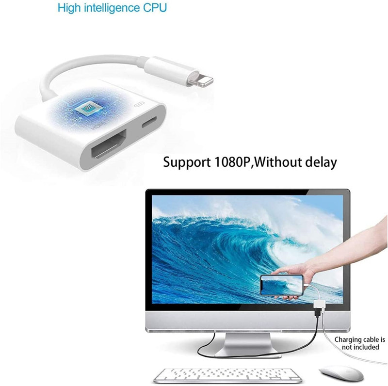 Light-ning to HD Adapter 1080P 60Hz Light-ning to Digital AV Adapter with Light-ning Charging Port for HDTV Projector Monitor
