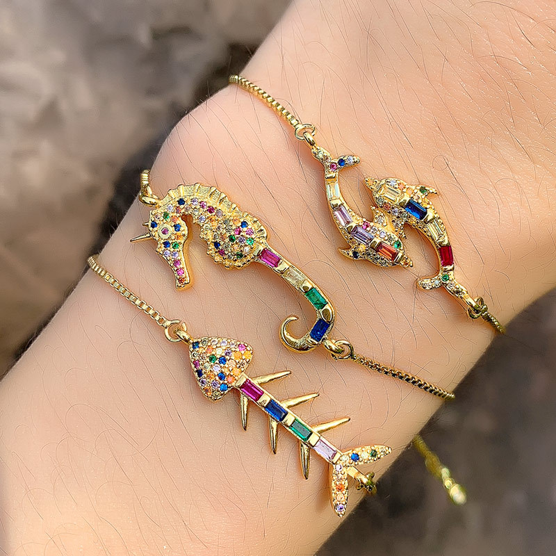 Best-Selling Colorful Zircon Bracelet Girls Gold Chain Adjustable Bracelet Ocean Fish Hippo Dolphin Bracelet