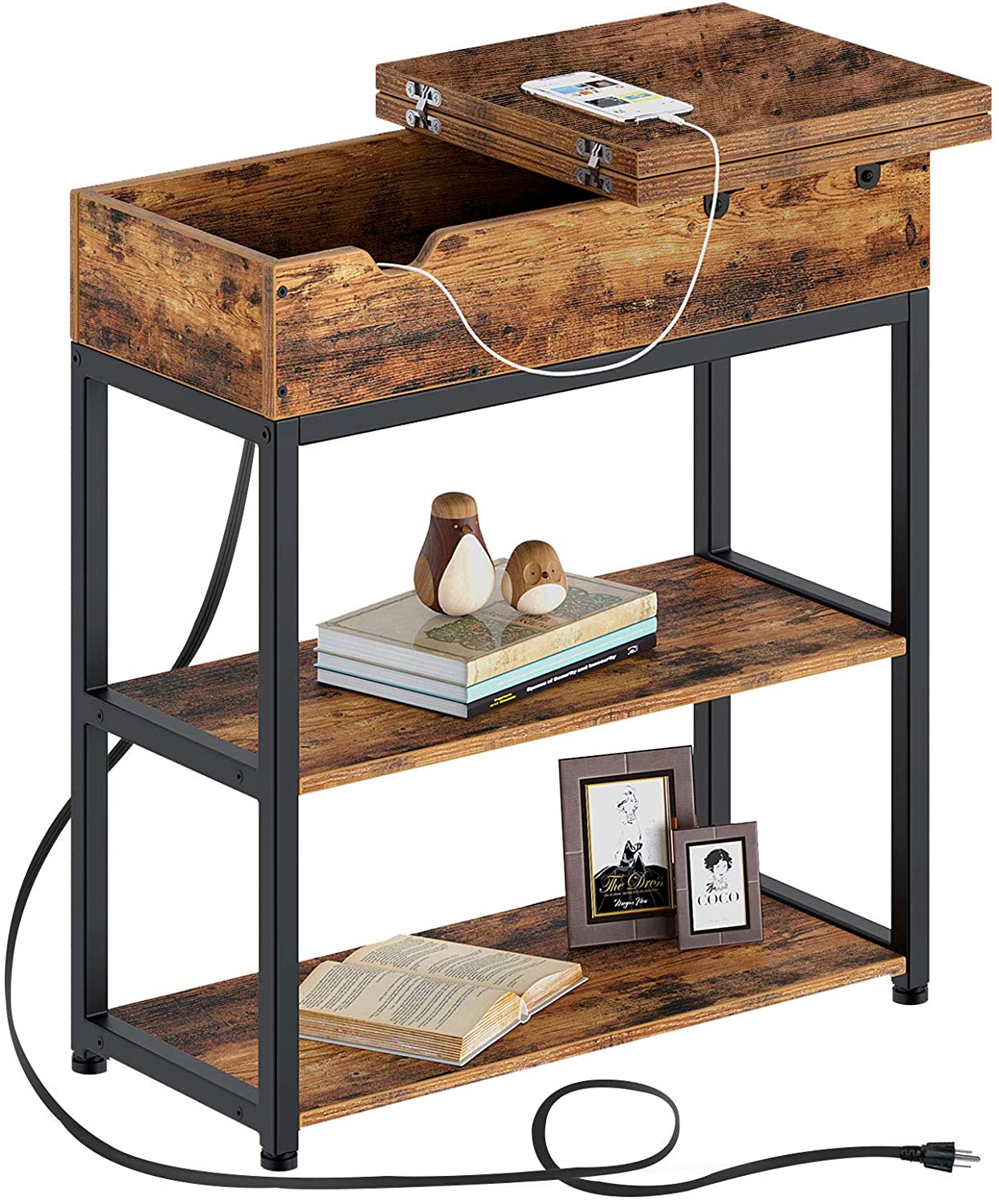 Console Side Table End Table 2-Tier Nightstand with Charging Station