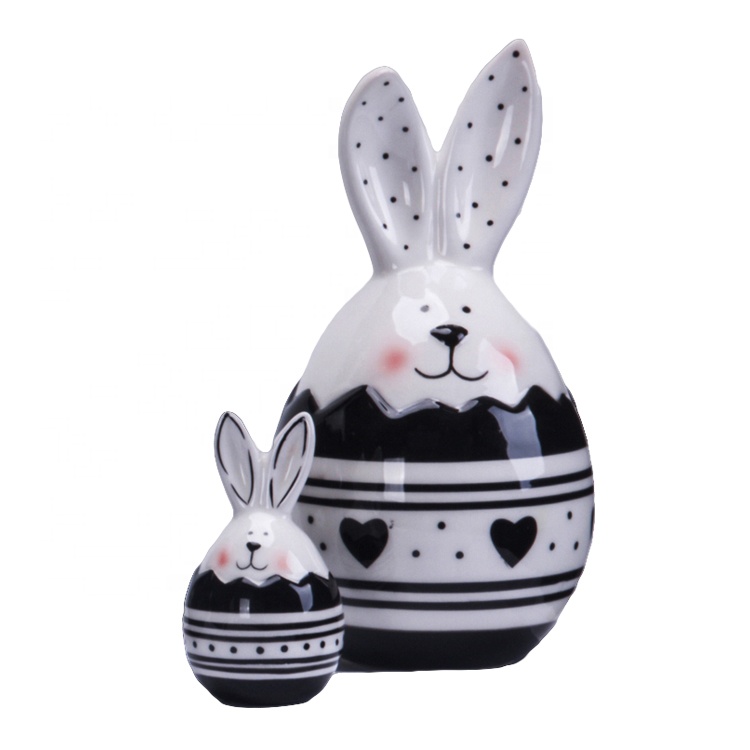 Black and White Color ceramic rabbit and egg ornament for special easter decoration