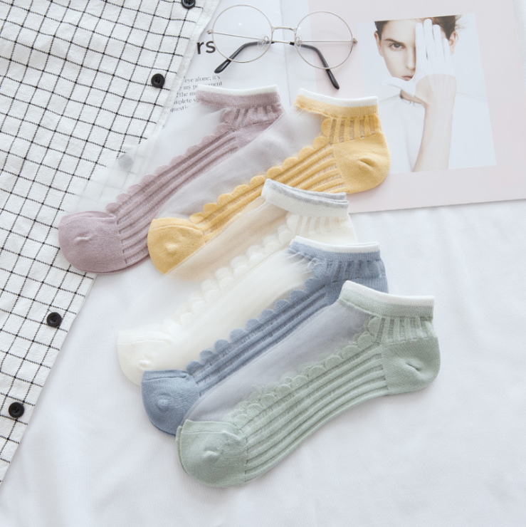 summer ankle thin cotton crystal lace transparent silk women's nylon socks