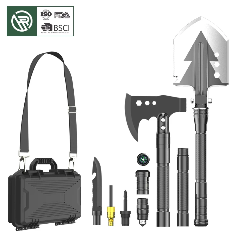 Free Sample Foldable Shovel Outdoor Camping Axe Hatchet Survival Multitool Kit Compass Knife Fire Starter Screwdriver Whistle