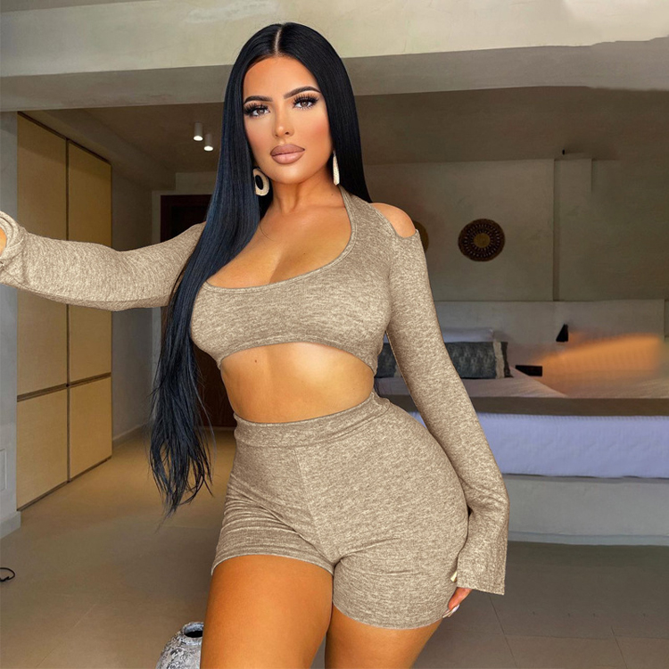 2021 Autumn New Knitting Crop Top High Waist Shorts Femininos Khaki Yoga Sets Fitness 2 Piece Set Women