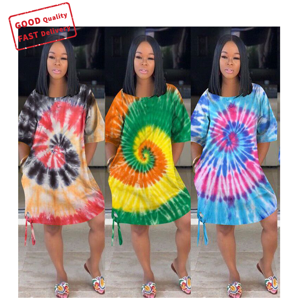 GQ1433 2021 Новое поступление плюс размер платье женское с коротким рукавом tye dye платье повседневные платья