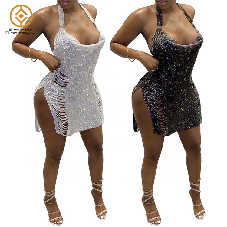 Woman custom European Ladies Patchwork Long Cocktail Dress With High Split Sexy halter neck split nightclub sequin dress