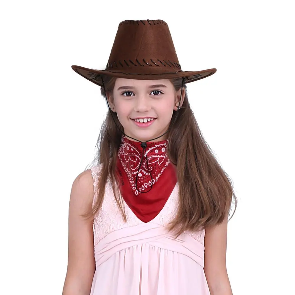 Детская ковбойская шляпа с банданой, набор для мальчиков и девочек, ковбойская шляпа из фетра на шнурке в западном стиле для Хэллоуина, костюм для вечеринки, наряд