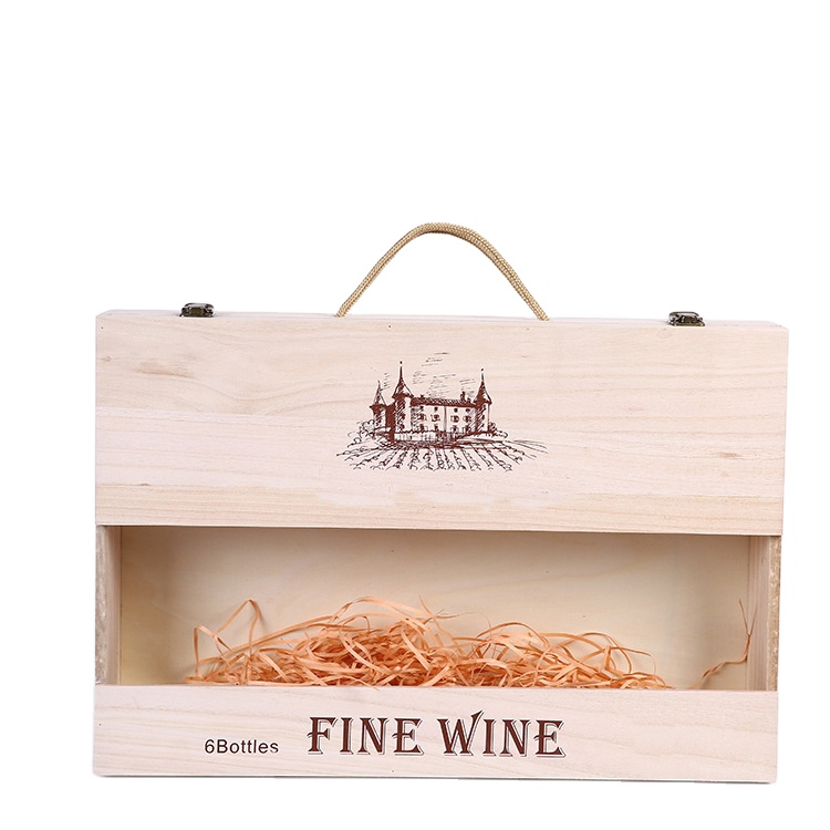 Natural color custom logo wooden wine box 6 bottles wine bottle packaging PG-378