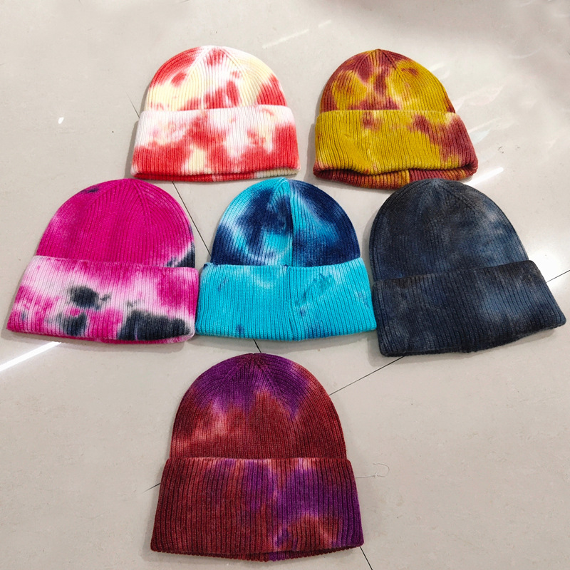 China wholesale at all seasons colorful tie-dye customizable warmth couple knitted hat for adults