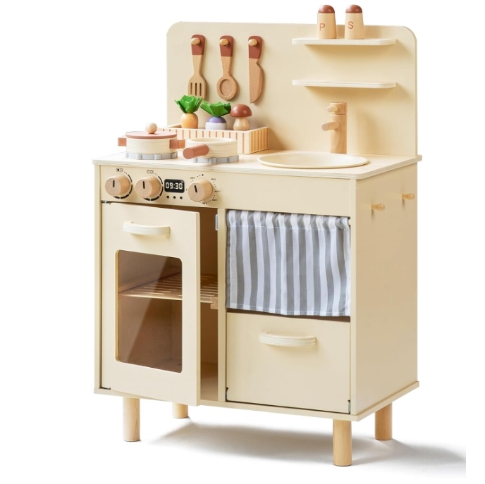 202408 Play Kitchen for Kids Classic Wooden Kitchen Play set with Food Accessories Set Ideal for Creative Pretend Play