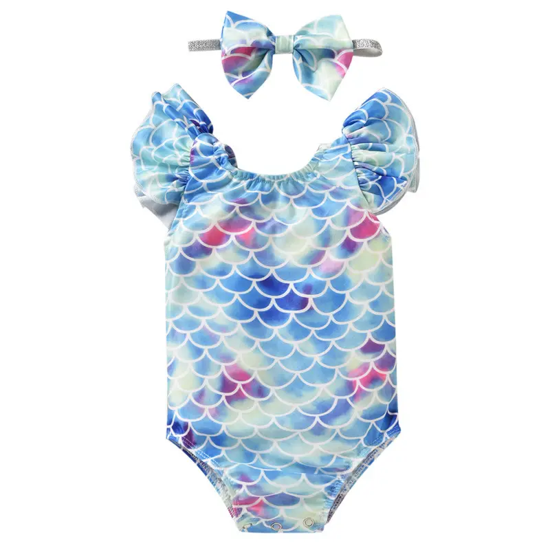 2PCS Set Kids Clothes Girls baby Swimsuit With Bow Headband Baby Girl Swimwear Bathing Suit For Girls Short Sleeve Beach Dresses