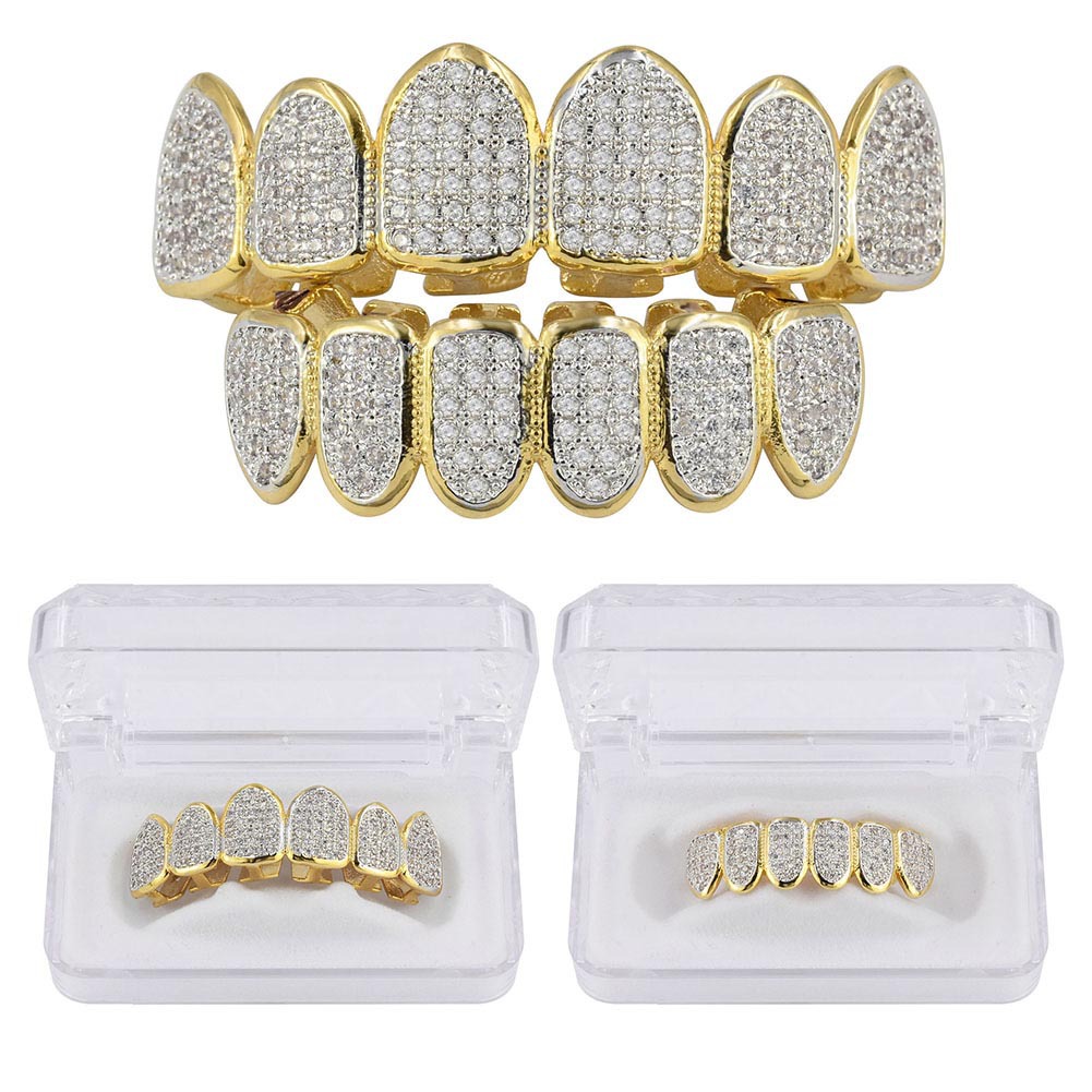 Hip Hop Grills Teeth Grillz Gold Color Plated High Quality Tooth Grillz Micro Pave CZ Top & Bottom GRILL Mouth Teeth Grills Sets
