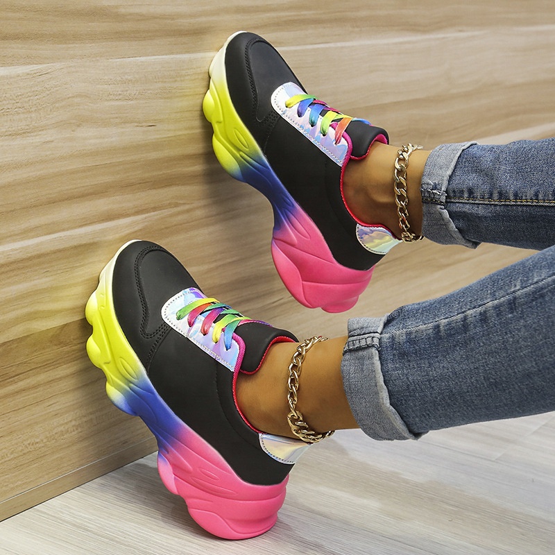 New Style Running Shoes Women Outdoor Fashion Colorful Large Size Thick Bottom Lace Up Casual Sports Shoes Mixed Color Sneakers