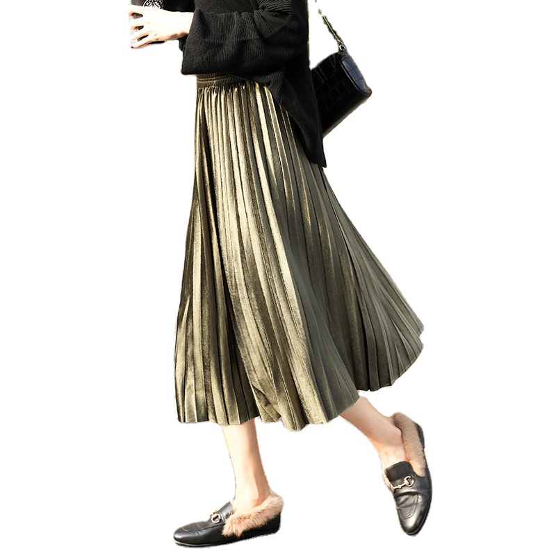 Pleated Skirt Women Autumn Long Vintage Gray Korean 2020 Maxi High Waist Casual Winter Black Party School Girl Velvet Skirt