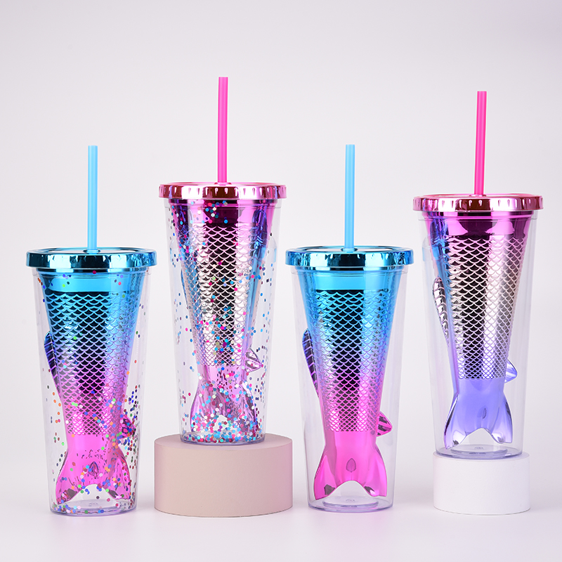 Wholesale Reusable 12oz Double Wall Plastic Acrylic Ocean Series Mermaid Tumbler Cups With Straw