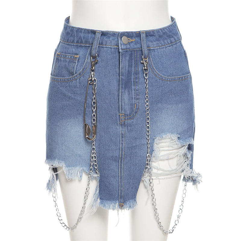 2021 new fashion mini blue ripped jean skirts for ladies with chains